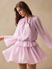 Willow Rêve Women's Light Pink Bohemian Cottagecore Tie Front Ruffle Mini Dress, Vacation Style, Boho, Autumn, Elegant Short, Casual Brunch Picnic - Baby Pink - View 2