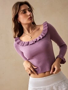 Willow Rêve 女款紫色荷葉領修身羅紋針織毛衣，休閒度假風 - 紫色 - 查看 7