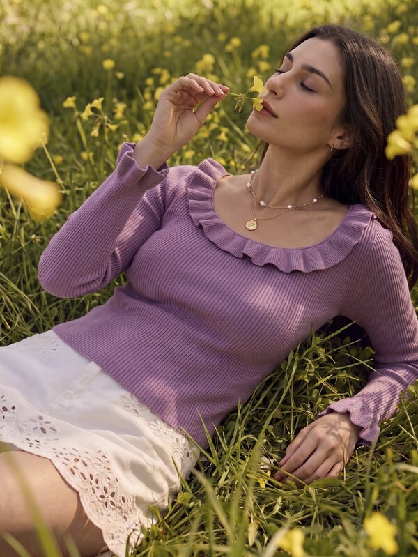 Willow Rêve Women's Purple Ruffle Collar Fitted Ribbed Sweater, Casual Vacation Style,Cropped Top,Summer Tops,Long Sleeve Tops For Women