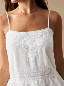 Willow Rêve Women's All White Bohemian Cottagecore Tropical Style Embroidered Lace Patchwork Loose Cami Dress, Valentine's Day Style, Romantic Vacation Summer - White - View 1