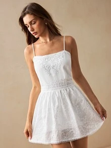 Willow Rêve Women's All White Bohemian Cottagecore Tropical Style Embroidered Lace Patchwork Loose Cami Dress, Valentine's Day Style, Romantic Vacation Summer - White - View 7
