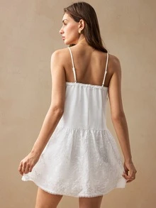 Willow Rêve Women's All White Bohemian Cottagecore Tropical Style Embroidered Lace Patchwork Loose Cami Dress, Valentine's Day Style, Romantic Vacation Summer - White - View 3
