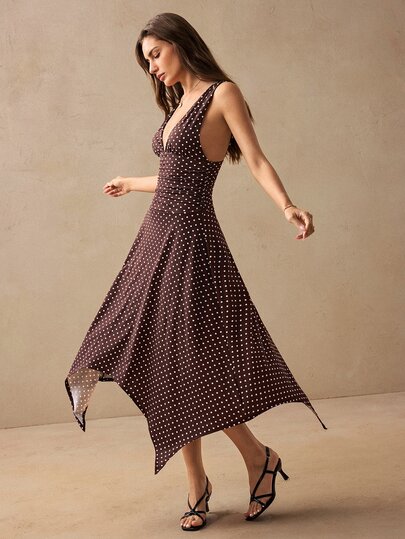 Willow Rêve Women's Dark Brown Polka Dot Deep V-Neck Cinched Waist Knit Dress, Romantic Vacation Style, Valentine's Day,Summer Dresses For Women,Elegant Dresses