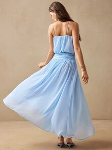 Willow Rêve Women's Sky Blue Spaghetti Strap Ruched Waist Dress, Wedding Style, Boho Romantic, Summer Elegant Long Vacation Brunch - Baby Blue - View 3