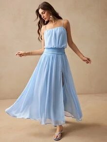 Willow Rêve Women's Sky Blue Spaghetti Strap Ruched Waist Dress, Wedding Style, Boho Romantic, Summer Elegant Long Vacation Brunch - Baby Blue - View 2