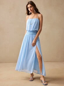 Willow Rêve Women's Sky Blue Spaghetti Strap Ruched Waist Dress, Wedding Style, Boho Romantic, Summer Elegant Long Vacation Brunch - Baby Blue - View 4
