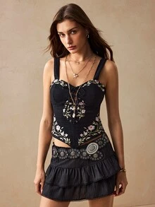 Willow Rêve Women'S Floral Embroidered Eyelet Lace-Up Sexy Camisole Denim Top Going Out Tops Autumn Outfit - Black - View 5