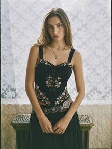 Willow Rêve Women'S Floral Embroidered Eyelet Lace-Up Sexy Camisole Denim Top Going Out Tops Autumn Outfit - Black - View 1