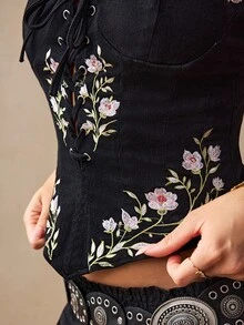 Willow Rêve Women'S Floral Embroidered Eyelet Lace-Up Sexy Camisole Denim Top Going Out Tops Autumn Outfit - Black - View 7