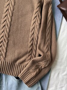 SHEIN Tween女孩高領套頭麻花編織紋理寬鬆長袖毛衣，舒適秋冬毛衣 - 棕色 - 查看 3