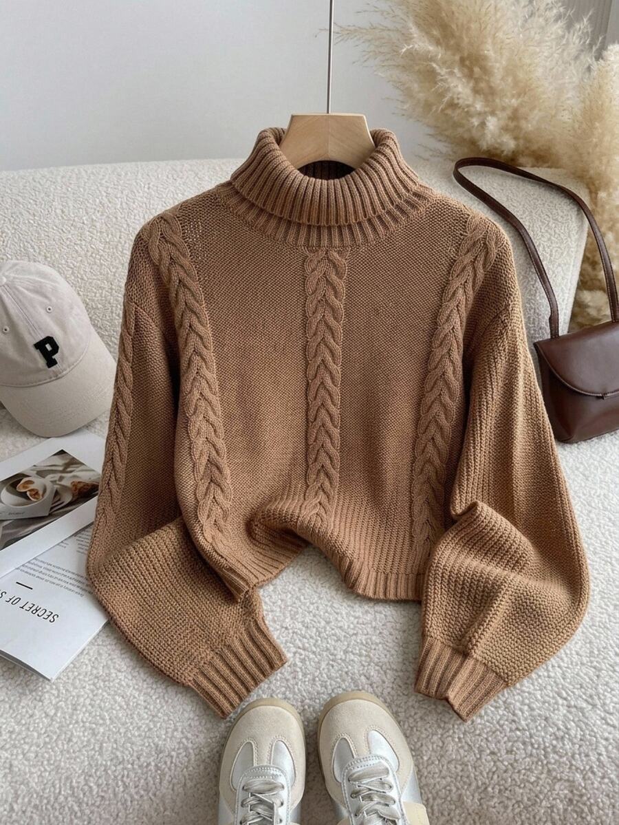 SHEIN Tween女孩高領套頭麻花編織紋理寬鬆長袖毛衣,舒適秋冬毛衣 - 棕色 - 查看 1