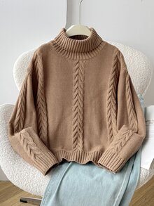 SHEIN Tween女孩高領套頭麻花編織紋理寬鬆長袖毛衣，舒適秋冬毛衣 - 棕色 - 查看 5