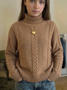 SHEIN Tween女孩高領套頭麻花編織紋理寬鬆長袖毛衣，舒適秋冬毛衣 - 棕色 - 查看 4