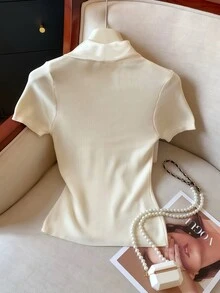 GlowEve 女款優雅法式精緻夏季蝴蝶結裝飾短袖上衣 教師節早午餐辦公室穿搭 米白色 - 杏色 - 查看 2