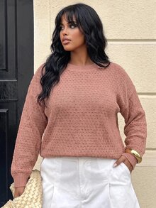 SHEIN LUNE كنزة صوفية محبوكة بتصميم بوينتيل ذات أكتاف منسدلة، بلوزة محبوكة للخريف والشتاء - احمر خشبي - مشاهدة 3
