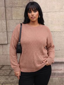 SHEIN LUNE كنزة صوفية محبوكة بتصميم بوينتيل ذات أكتاف منسدلة، بلوزة محبوكة للخريف والشتاء - احمر خشبي - مشاهدة 4