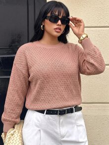 SHEIN LUNE كنزة صوفية محبوكة بتصميم بوينتيل ذات أكتاف منسدلة، بلوزة محبوكة للخريف والشتاء - احمر خشبي - مشاهدة 1