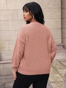 SHEIN LUNE كنزة صوفية محبوكة بتصميم بوينتيل ذات أكتاف منسدلة، بلوزة محبوكة للخريف والشتاء - احمر خشبي - مشاهدة 2