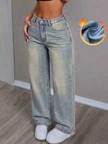 SHEIN PETITE 女款寬腿鬆身保暖內裡休閒百搭牛仔褲，附口袋 - 淺色水洗藍 - 查看 1