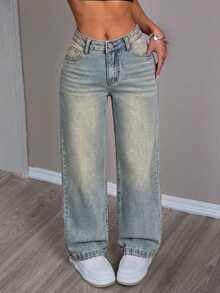 SHEIN PETITE 女款寬腿鬆身保暖內裡休閒百搭牛仔褲，附口袋 - 淺色水洗藍 - 查看 6