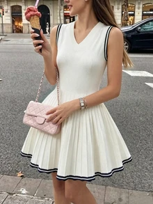SHEIN 新款春夏運動風條紋包邊針織收腰擺裙 女款 V領無袖修身顯瘦休閒迷你洋裝 - 白色 - 查看 6