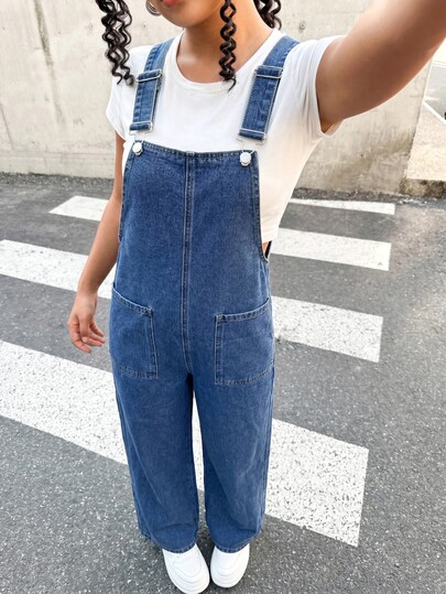 SHEIN Teen Girl Deep Blue Dual Pocket Design Loose Denim Overalls Fall Winter Casual Vacation Y2k Cowgirl Halloween Summer Fall Casual Vacation Back To