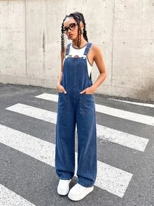SHEIN 青少年女孩深藍色雙口袋設計寬鬆牛仔吊褲 秋冬度假 Y2K 牛仔女郎風格 夏秋休閒度假款 搭配白色襯衫 - 藍色 - 查看 4