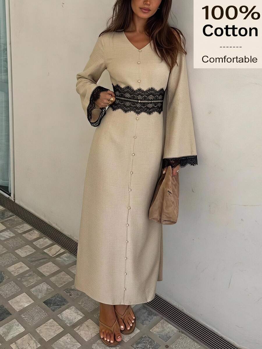 Siren Gaze 女款蕾絲拼接V領休閒端莊優雅派對早午餐茶會洋裝 黑色 秋季 - 杏色 - 查看 1