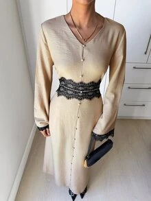 Siren Gaze 女款蕾絲拼接V領休閒端莊優雅派對早午餐茶會洋裝 黑色 秋季 - 杏色 - 查看 5