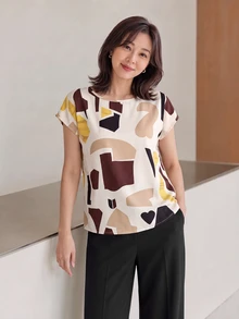 EMERY ROSE 女士夏季几何印花圆领蝙蝠袖短袖休闲衬衫、短袖上衣 - 卡其色 - 查看 7