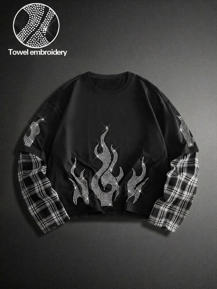 Mainfolk Men's 2 In 1 Long Sleeve T-Shirt, Black Base With Rhinestone Flame Pattern, Double-Layer Patchwork Plaid Long Sleeve, Loose High Street Casual Top - Black - View 1