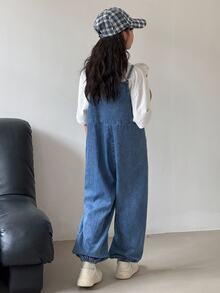 Firerie Kids Firerie Kids 青少年女孩深藍色牛仔寬鬆無肩帶連身褲，翻邊褲腳，秋冬夏季休閒度假 Y2K 牛仔女郎萬聖節風格 - 藍色 - 查看 4