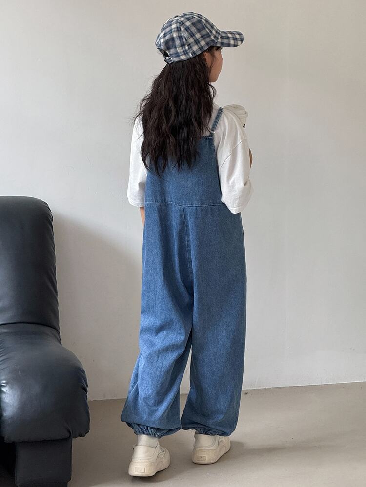 Firerie Kids Firerie Kids 青少年女孩深藍色牛仔寬鬆無肩帶連身褲，翻邊褲腳，秋冬夏季休閒度假 Y2K 牛仔女郎萬聖節風格 - 藍色 - 查看 4