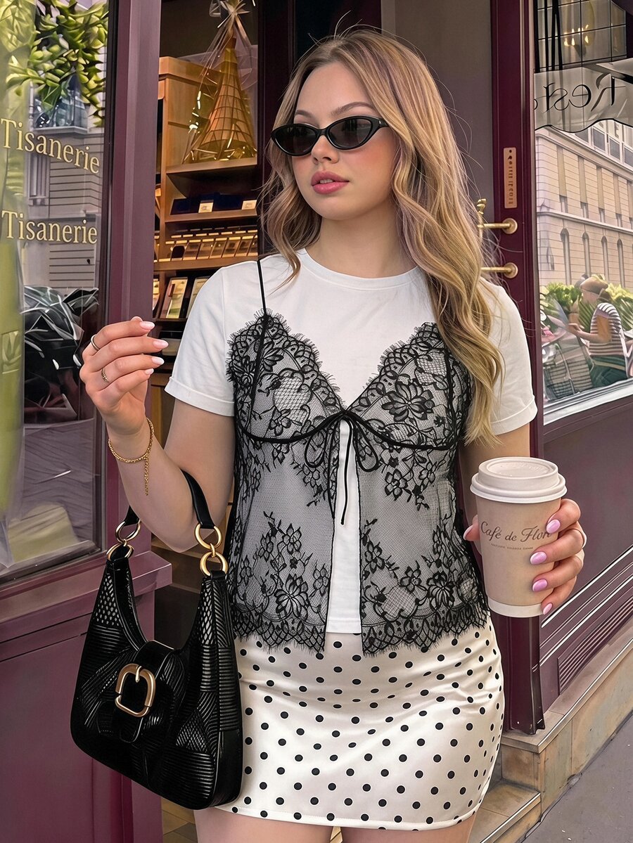 SHEIN MOD Women's Plus Size Colorblock Lace Front Tie Short Sleeve Fashion T-Shirt,Basic Tops For Women,Faux-Layered Look,Elegant,Basic Blouses ,Back To School - Black and White - View 1