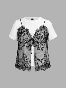 SHEIN MOD Women's Plus Size Colorblock Lace Front Tie Short Sleeve Fashion T-Shirt,Basic Tops For Women,Faux-Layered Look,Elegant,Basic Blouses ,Back To School - Black and White - View 5