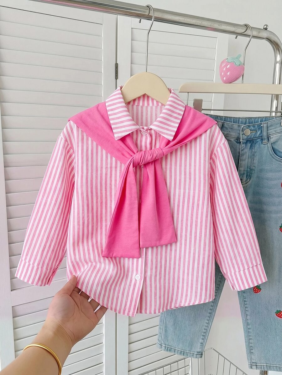 SHEIN Young Girl Young Girl Young Girl Young Girl LMoss Young Girls Loose Fit Striped Collared Casual Shirt - Pink - View 1