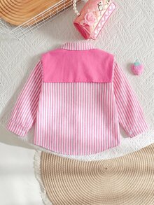 SHEIN Young Girl Young Girl Young Girl Young Girl LMoss Young Girls Loose Fit Striped Collared Casual Shirt - Pink - View 2