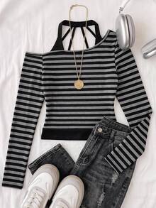 SHEIN Tween Girl Tween Girl Street Fashion Y2K 2 In 1 Asymmetric Shoulder Black Halter Neck Tie Bow Long Sleeve T-Shirt, American Style Back-To-School, Black Tops - Dark Grey - View 3