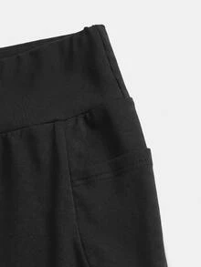 SHEIN 兒童青少年女孩黑色高腰緊身休閒瑜珈多功能喇叭褲，附口袋，適合戶外加厚款 - 彩色 - 查看 3