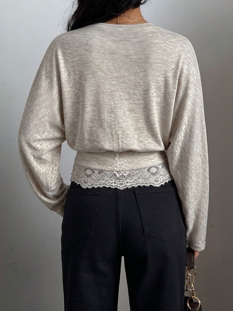 Siren Gaze Contrast Lace Batwing Sleeve Tee - Apricot - View 2