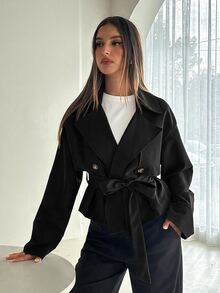 Aloruh 女款純色翻領雙排扣休閒優雅風衣外套 辦公商務黑色秋季 - 黑色 - 查看 6