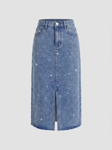 SHEIN Girlism 青少年女孩亮面水鑽藍色牛仔裙搭配白色襯衫 - 藍色 - 查看 5