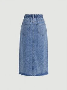 SHEIN Girlism 青少年女孩亮面水鑽藍色牛仔裙搭配白色襯衫 - 藍色 - 查看 4