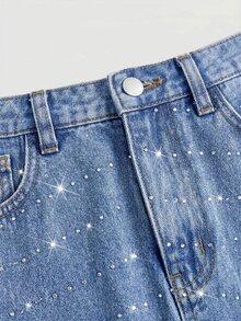 SHEIN Girlism 青少年女孩亮面水鑽藍色牛仔裙搭配白色襯衫 - 藍色 - 查看 6