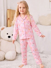 2件組女童幼兒休閒極簡可愛雲朵印花長袖開襟衫與長褲家居服套裝，秋冬節慶穿搭 - 淺粉色 - 查看 7