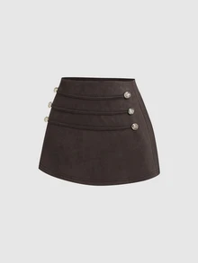 SHEIN EZwear 秋冬復古優雅深棕色麂皮面料新中式風格橫條紋設計短款A字修身女裙 派對外出穿搭 - 棕色 - 查看 2