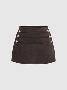 SHEIN EZwear 秋冬復古優雅深棕色麂皮面料新中式風格橫條紋設計短款A字修身女裙 派對外出穿搭 - 棕色 - 查看 4