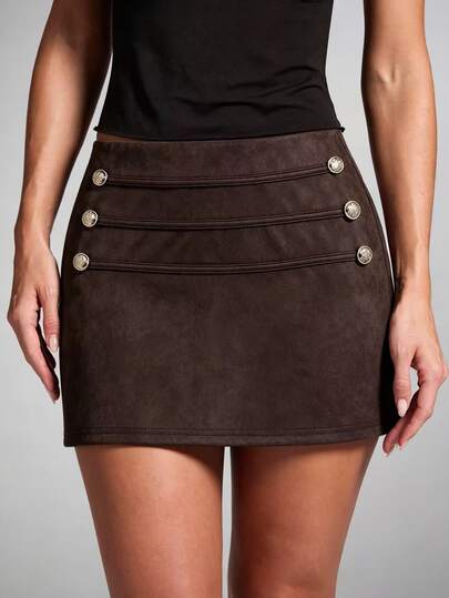 SHEIN EZwear Rok Wanita Model A-Line Slim Fit Slim Fit Gaya Cina Baru, Bahan Suede Cokelat Vintage Musim Gugur/Dingin, Motif Garis Horizontal, Aksen Gesper Logam, Cocok untuk Wanita, Musim Dingin/Musim Dingin
