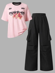 SHEIN Sparklyn 青少年女孩 2件組/套 美式復古青少年女孩套裝！奶油色與黑色拼接，甜美酷帥風格，充滿能量的加州元素 - 粉色 - 查看 4