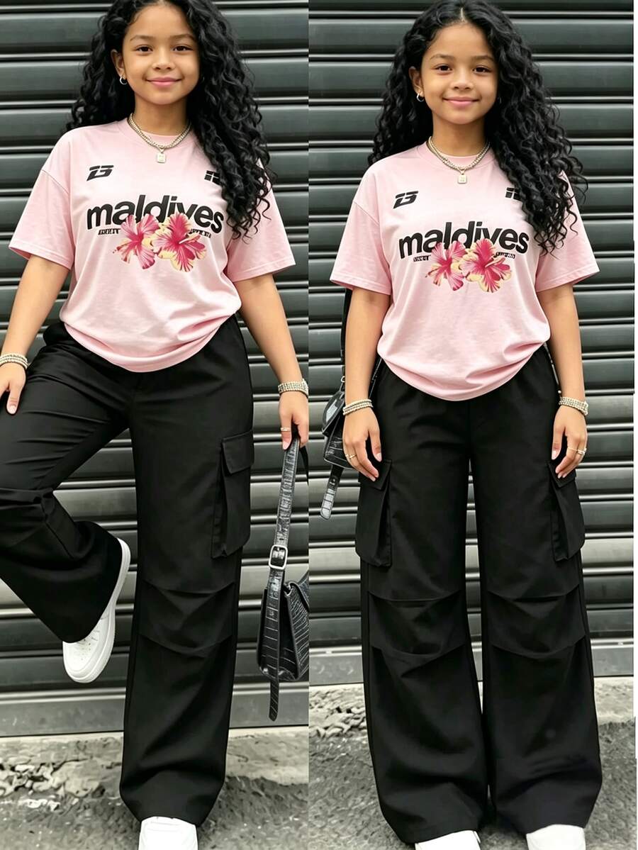 SHEIN Sparklyn 青少年女孩 2件組/套 美式復古青少年女孩套裝!奶油色與黑色拼接,甜美酷帥風格,充滿能量的加州元素 - 粉色 - 查看 1